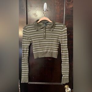 Forever 21 Olive Striped Button Down Crop Top